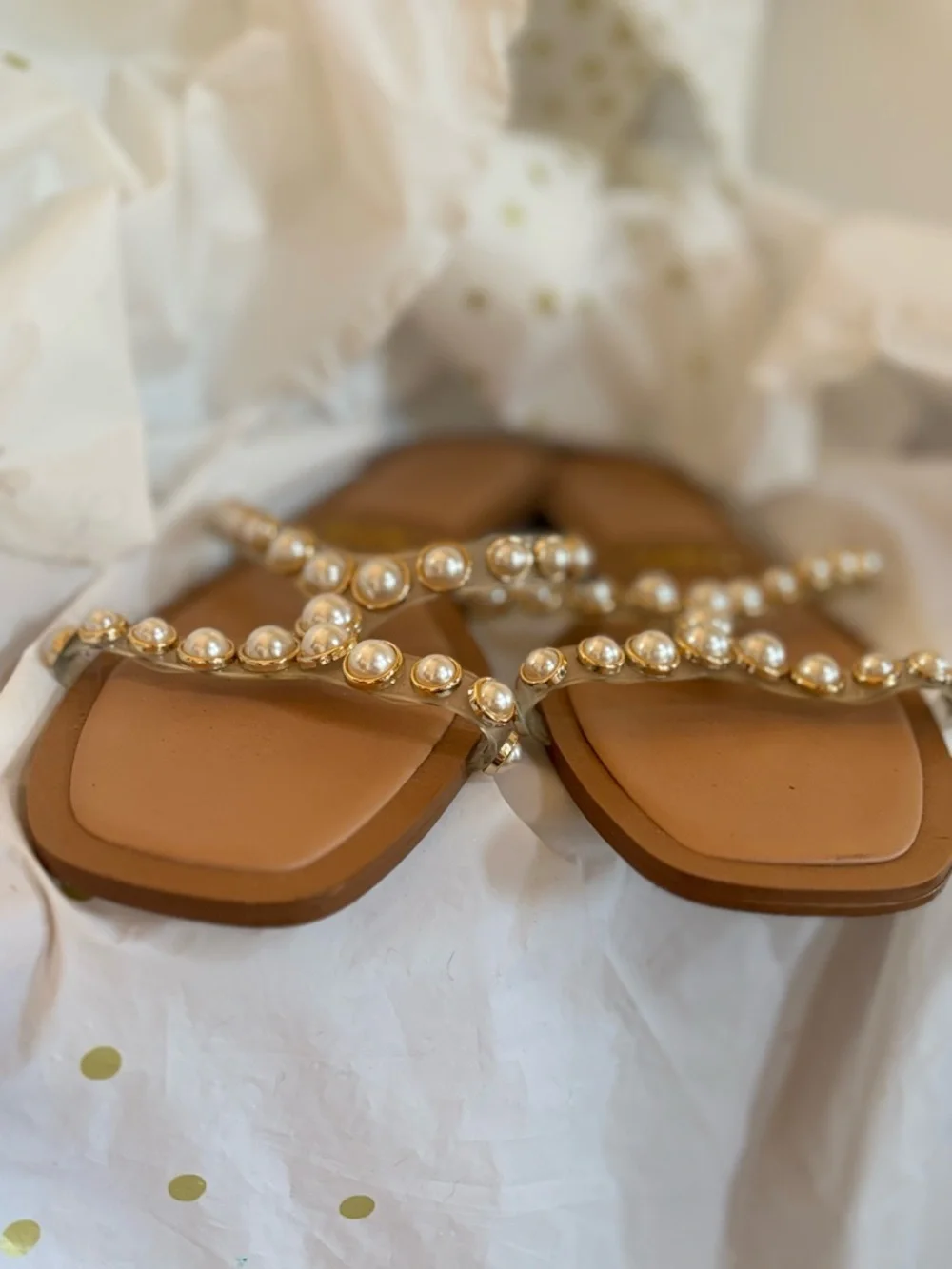 Zara Brown Sandals with Pearl-Trim Straps - Picture 3 of 6